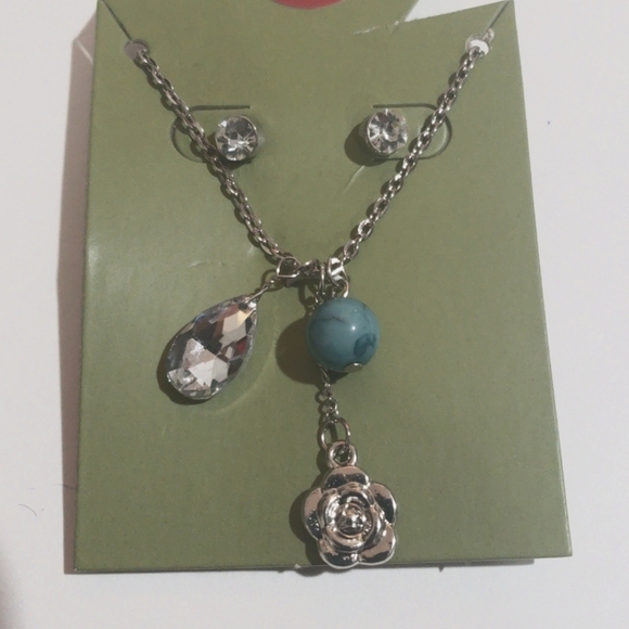 Silver-Tone Crystal, Blue Bead & Flower Pendant Necklace with Earrings - Women's - Picture 1 of 7
